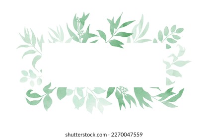 Watercolor green leaves frame template. Floral border with forest herbs, eucalyptus. Vector illustration.