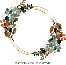 Watercolor green leaves with gold circles for wedding, birthday, card, background, invitation, wallpaper, sticker, decoration etc.