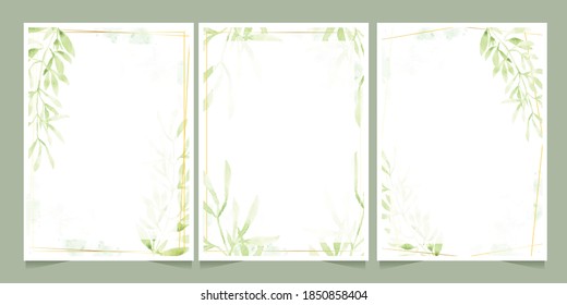 watercolor green leaves with golden frame on splash background wedding or birthday invitation card template collection