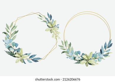 Watercolor green leaves with golden frames