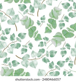 Watercolor green leaves isolated on white background, hand drawn, vector. Seamless floral pattern-341.