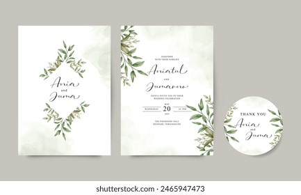 Watercolor green leaves set for wedding invitation template