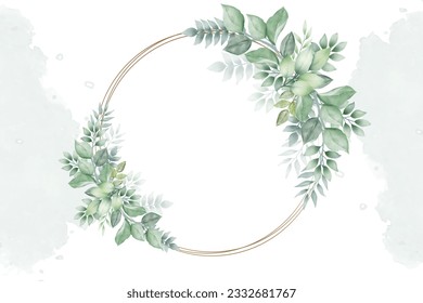  watercolor green leaves wreath with gold circle 