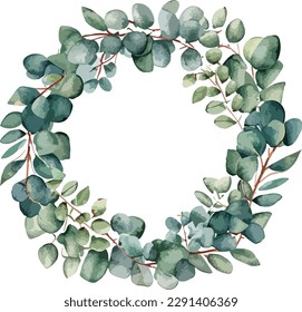 Watercolor green leaves wreath with golden circle on white background
