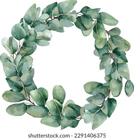 Watercolor green leaves wreath with golden circle on white background
