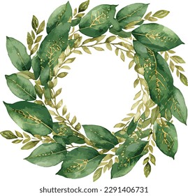 Watercolor green leaves wreath with golden circle on white background
