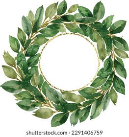 Watercolor green leaves wreath with golden circle on white background
