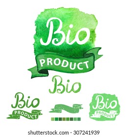 Watercolor green logo Bio product.Textured Splash,ribbon, lettering font.Organic ,ecology natural design template.Hand drawing painting.Sign label emblem set for shop,print,web