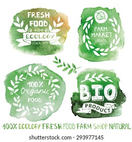Watercolor green logo.Splash, leaves ,branches wreath, lettering,plants elements,laurels.Ecology,Organic shop,bio, natural design template.Hand drawing painting.Sign label ,Textured emblem set