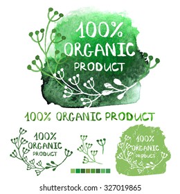 Watercolor green logo.Textured Splash, branches, lettering,plants elements,laurels.Organic product,bio,ecology natural design template.Hand drawing painting.Sign label emblem set