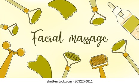 Fondo de puré verde acuarela Vector brillante conjunto de herramientas para el masaje facial. Gua sha, rodillo, rodillo escultor, restaurador, mesoscooter, facebuilding. Suero y aceite antienvejecidos.