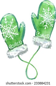 Watercolor Green Mittens. Vector Illustration.