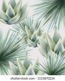 Watercolor green palm and cactus leaves. Background vector