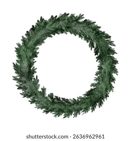 Watercolor green pine branches form a circle wreath. Vector illustration