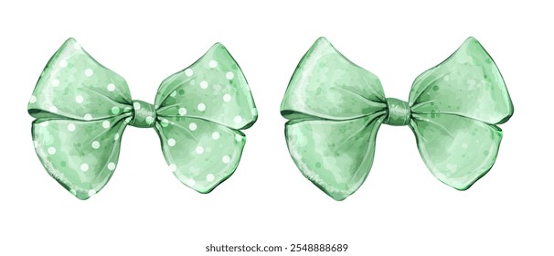 Watercolor green polka dot bows. Vector set of tied ribbon illustrations