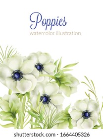 Watercolor green poppies flowers with leaves. Place for text
