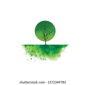 Watercolor green tree in green field on white background