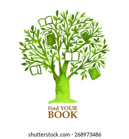 Watercolor green tree with hunging books. Find your book