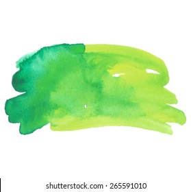 Watercolor green yellow hand drawn paper texture isolated macro stain on white background. Wet brush painted stroke striped abstract vector illustration. Art design element for banner, template, print