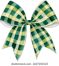Watercolor Green and Yellow Multi-tone Gingham Checkered Ribbon Bow Illustration, Isolated Decorative Element for Crafts and Spring Themes.