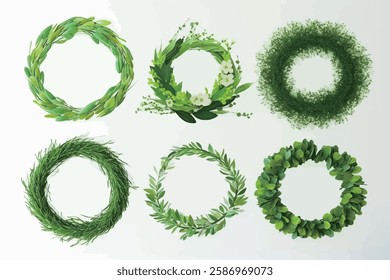 Watercolor greenery wreaths and foliage designs, showcasing various leaf arrangements and shapes.