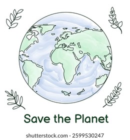 watercolor greeting card for Earth Day in doodle style, World Environment Day