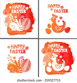 Watercolor greeting card .Easter rabbit, basket with eggs. Silhouettes  colored watercolor stamps.Vector background. Hand drawing painting art