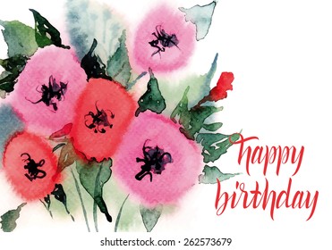 Watercolor greeting card flowers. Handmade. Congratulations.