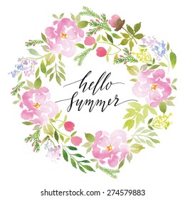 Watercolor greeting card flowers. Handmade. Congratulations. Hello Summer