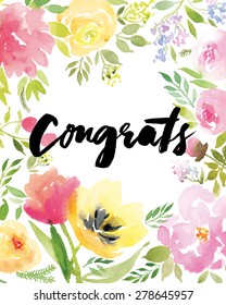 Watercolor greeting card flowers. Watercolor greeting card flowers. Handmade. Congratulations.