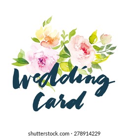 Watercolor greeting card flowers. Handmade. Congratulations.
