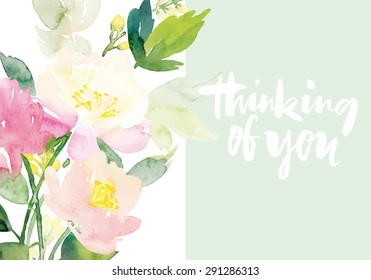 Watercolor greeting card flowers. Handmade. Congratulations.