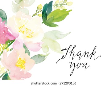 Watercolor greeting card flowers. Handmade. Thank you card.