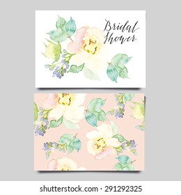 Watercolor Greeting Card Flowers. Handmade. Bridal Shower.  Seamless Pattern.