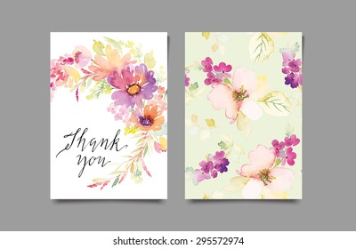 Watercolor greeting card flowers. Handmade. Congratulations. Wedding card. Seamless pattern. Thanks.