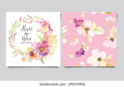Watercolor greeting card flowers. Handmade. Congratulations. Wedding card. Seamless pattern.
