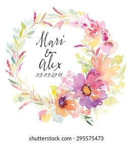 Watercolor greeting card flowers. Handmade. Wedding.