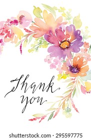 Watercolor greeting card flowers. Handmade. Thank you.