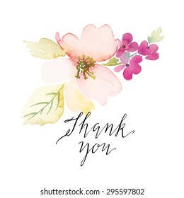 Watercolor greeting card flowers. Handmade. Thank you.