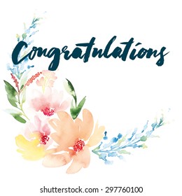 Watercolor greeting card flowers. Handmade. Congratulations.