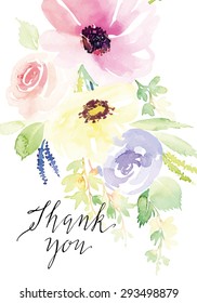 Watercolor greeting card flowers. Handmade.Thanks