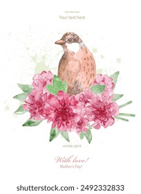 watercolor greeting card with a little bird in peony flowers. vector watercolour painting