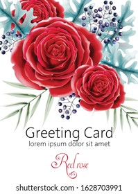 Watercolor greeting card with red rose flowers, green leaves and berries