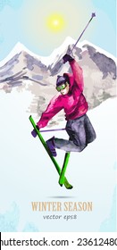 watercolor greeting card with young man skier for your design