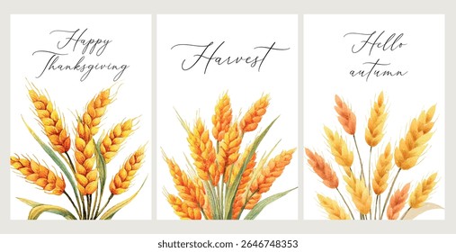 Watercolor greeting cards with golden wheat ears. Hello autumn, Happy Thanksgiving, I will harvest. Concept of harvest and autumn. Vector illustration.