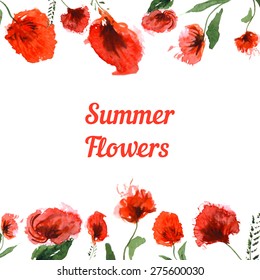Watercolor greeting summer card with red flowers
