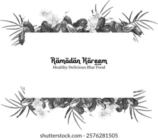Watercolor greyscale of dates fruit frame vector art. Frame of dates with leaves and flower for ramadan and iftar party invitation, card and greetings.
