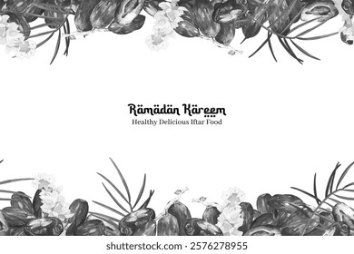 Watercolor greyscale of dates fruit seamless border vector art. Border or frame for ramadan and iftar party invitation, card and greetings.