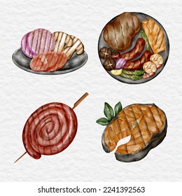 watercolor grilled steak and barbecue food illustration