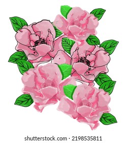 watercolor group decorated with gorgeous blooming flowers and leaves border. Spring botanical flat illustration on background 
